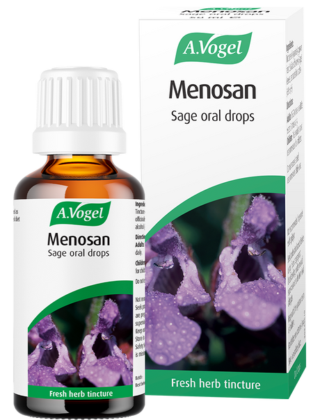 A.Vogel Menosan Sage oral drops bottle and retail box featuring a purple sage flower illustration.