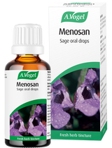 A.Vogel Menosan Sage oral drops bottle and retail carton with a purple sage flower illustration.