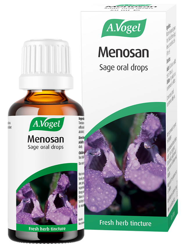 A.Vogel Menosan Sage oral drops bottle and retail carton with a purple sage flower illustration.