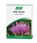 A.Vogel Milk Thistle Complex 60 tincture tablets retail carton featuring a close-up of a purple milk thistle flower with morning dew droplets.