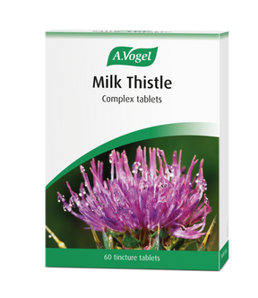 A.Vogel Milk Thistle Complex 60 tincture tablets retail carton featuring a close-up of a purple milk thistle flower with morning dew droplets.