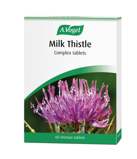 A.Vogel Milk Thistle Complex 60 tincture tablets retail carton featuring a close-up of a purple milk thistle flower with morning dew droplets.