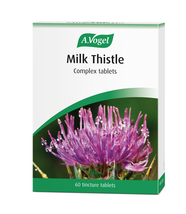A.Vogel Milk Thistle Complex 60 tincture tablets retail carton featuring a close-up of a purple milk thistle flower with morning dew droplets.