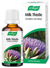 A.Vogel Milk Thistle herbal drops bottle and retail box with a purple thistle illustration.