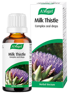 A.Vogel Milk Thistle herbal drops bottle and retail box with a purple thistle illustration.