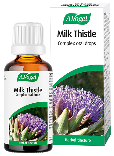 A.Vogel Milk Thistle herbal drops bottle and retail box with a purple thistle illustration.
