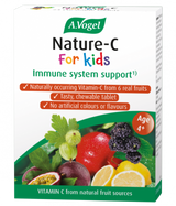 A.Vogel Nature-C For Kids immune system support chewable tablets retail box featuring an assortment of fresh fruits like acerola, passion fruit, and blackcurrants.