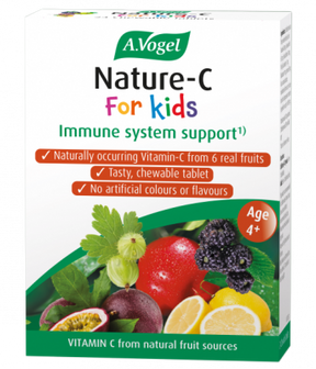 A.Vogel Nature-C For Kids immune system support chewable tablets retail box featuring an assortment of fresh fruits like acerola, passion fruit, and blackcurrants.