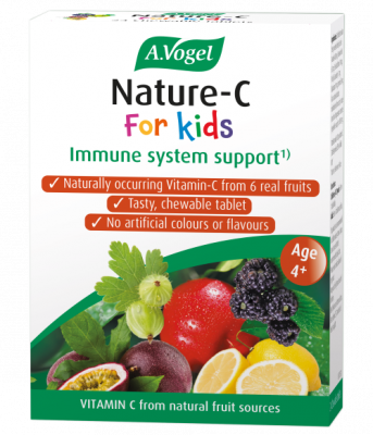 A.Vogel Nature-C For Kids immune system support chewable tablets retail box featuring an assortment of fresh fruits like acerola, passion fruit, and blackcurrants.