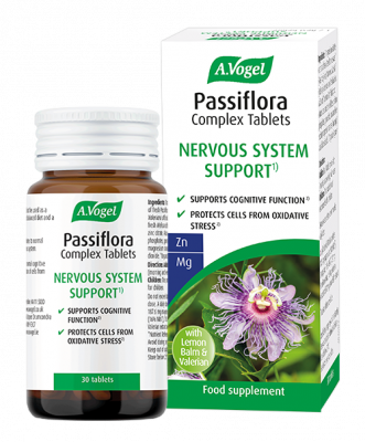 A.Vogel Passiflora Complex nervous system support tablets bottle and retail box with a purple passion flower illustration.