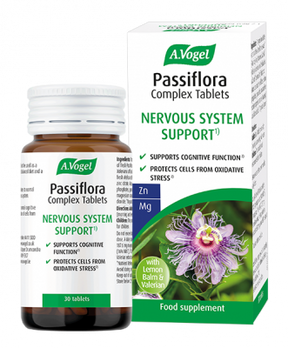 A.Vogel Passiflora Complex nervous system support tablets bottle and retail box with a purple passion flower illustration.