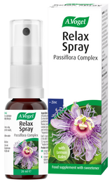 A.Vogel Relax Spray Passiflora Complex bottle and retail box featuring a purple passion flower and lemon balm illustration.