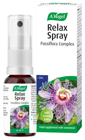 A.Vogel Relax Spray Passiflora Complex bottle and retail box featuring a purple passion flower and lemon balm illustration.