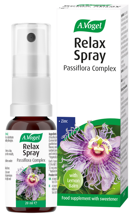 A.Vogel Relax Spray Passiflora Complex bottle and retail box featuring a purple passion flower and lemon balm illustration.