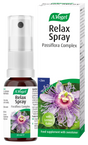 A.Vogel Relax Spray Passiflora Complex bottle and retail box featuring a purple passion flower and lemon balm illustration.
