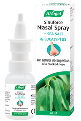 A.Vogel Sinuforce Nasal Spray bottle and retail carton with sea salt and eucalyptus featuring a green leaf illustration.