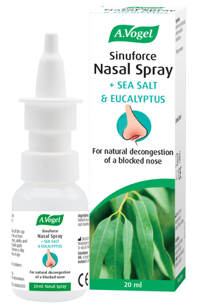 A.Vogel Sinuforce Nasal Spray bottle and retail carton with sea salt and eucalyptus featuring a green leaf illustration.