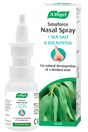 A.Vogel Sinuforce Nasal Spray bottle and retail carton with sea salt and eucalyptus featuring a green leaf illustration.