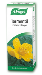 A.Vogel Tormentil Complex Drops 50ml retail packaging box featuring a vibrant yellow tormentil flower with water droplets on a green and white background.