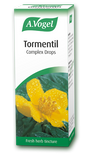 A.Vogel Tormentil Complex Drops 50ml retail packaging box featuring a vibrant yellow tormentil flower with water droplets on a green and white background.