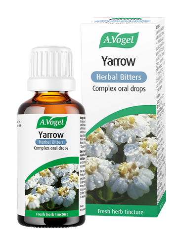 A.Vogel Yarrow Herbal Bitters complex oral drops in a brown glass bottle next to its white and green retail box featuring a white yarrow flower illustration.