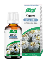 A.Vogel Yarrow Herbal Bitters complex oral drops in a brown glass bottle next to its white and green retail box featuring a white yarrow flower illustration.