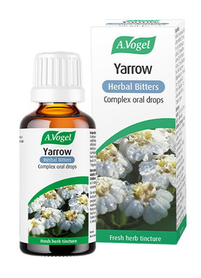 A.Vogel Yarrow Herbal Bitters complex oral drops in a brown glass bottle next to its white and green retail box featuring a white yarrow flower illustration.