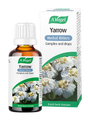 A.Vogel Yarrow Herbal Bitters complex oral drops in a brown glass bottle next to its white and green retail box featuring a white yarrow flower illustration.