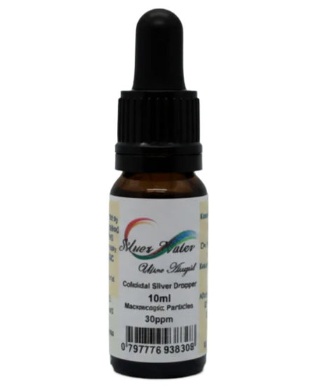 Silver Water Colloidal Silver Dropper, 10ml bottle, 30ppm, featuring a black dropper cap and a branded label