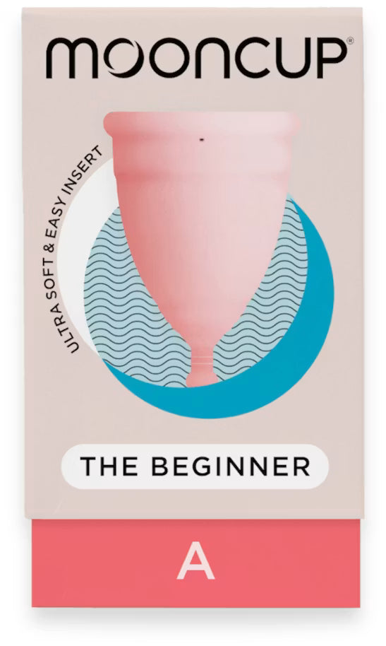 Mooncup "The Beginner" size A ultra soft and easy insert menstrual cup packaging.