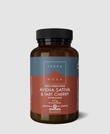 Terranova Avena Sativa & Tart Cherry: Amber bottle of Terranova Avena Sativa & Tart Cherry super-blend food supplement, featuring a label with branding, PhytoFresh logo, and text indicating it is a 40g 100% vegan, additive-free supplement containing fresh freeze-dried botanicals.