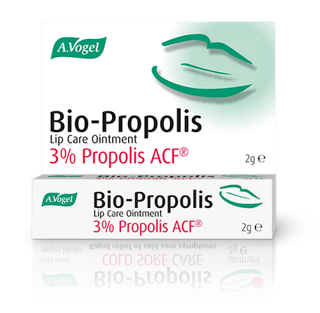A box and tube of A.Vogel Bio-Propolis Lip Care Ointment containing 3% Propolis ACF, designed for cold sore care and lip protection.