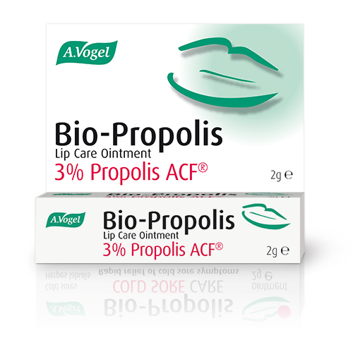 A box and tube of A.Vogel Bio-Propolis Lip Care Ointment containing 3% Propolis ACF, designed for cold sore care and lip protection.