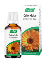 A bottle and box of A.Vogel Calendula Complex oral drops, a fresh herb tincture made from Calendula officinalis (Marigold) flowers.