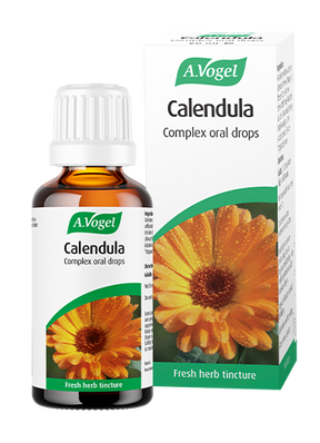 A bottle and box of A.Vogel Calendula Complex oral drops, a fresh herb tincture made from Calendula officinalis (Marigold) flowers.