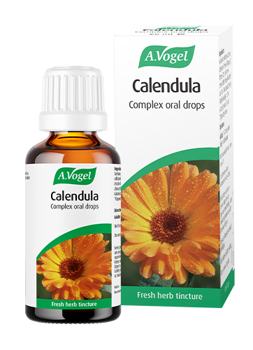 A bottle and box of A.Vogel Calendula Complex oral drops, a fresh herb tincture made from Calendula officinalis (Marigold) flowers.