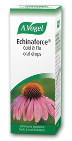 A 100ml bottle of A.Vogel Echinaforce Cold & Flu oral drops, featuring Echinacea purpurea herb and root tinctures for immune support.