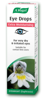 A 10ml bottle and box of A.Vogel Eye Drops for dry, irritated, and tired eyes, suitable for contact lens users and containing hyaluronic acid.