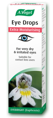 A 10ml bottle and box of A.Vogel Eye Drops for dry, irritated, and tired eyes, suitable for contact lens users and containing hyaluronic acid.