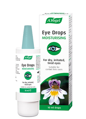 A 10ml bottle and box of A.Vogel Eye Drops Moisturising for dry, irritated, and tired eyes, suitable for contact lens users.