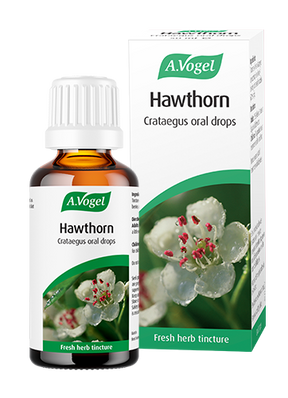 A bottle and box of A.Vogel Hawthorn Crataegus oral drops, a fresh herb tincture made from Hawthorn berries.