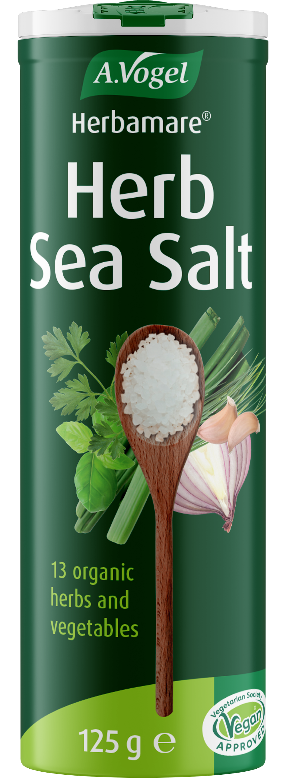 A 125g container of A.Vogel Herbamare Herb Sea Salt, made with 13 organic herbs and vegetables, vegan and vegetarian society approved.