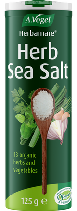 A 125g container of A.Vogel Herbamare Herb Sea Salt, made with 13 organic herbs and vegetables, vegan and vegetarian society approved.