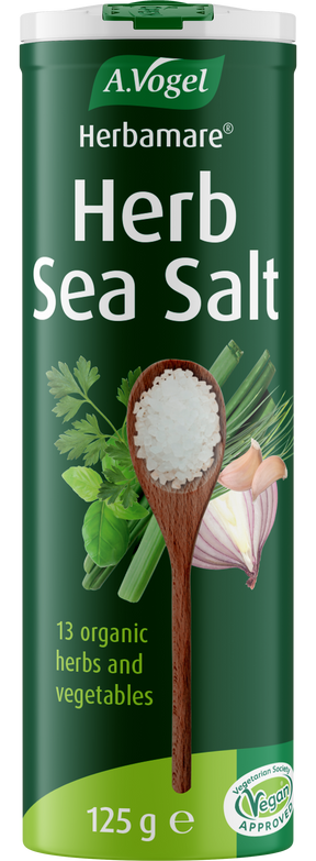 A 125g container of A.Vogel Herbamare Herb Sea Salt, made with 13 organic herbs and vegetables, vegan and vegetarian society approved.