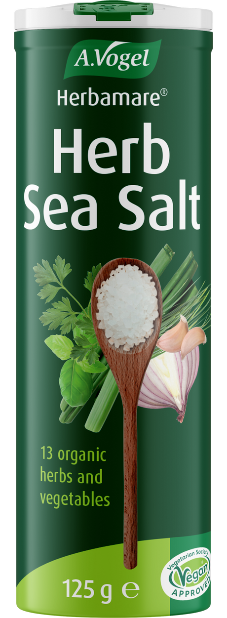 A 125g container of A.Vogel Herbamare Herb Sea Salt, made with 13 organic herbs and vegetables, vegan and vegetarian society approved.