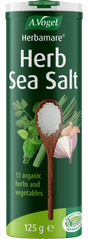 A 125g container of A.Vogel Herbamare Herb Sea Salt, made with 13 organic herbs and vegetables, vegan and vegetarian society approved.