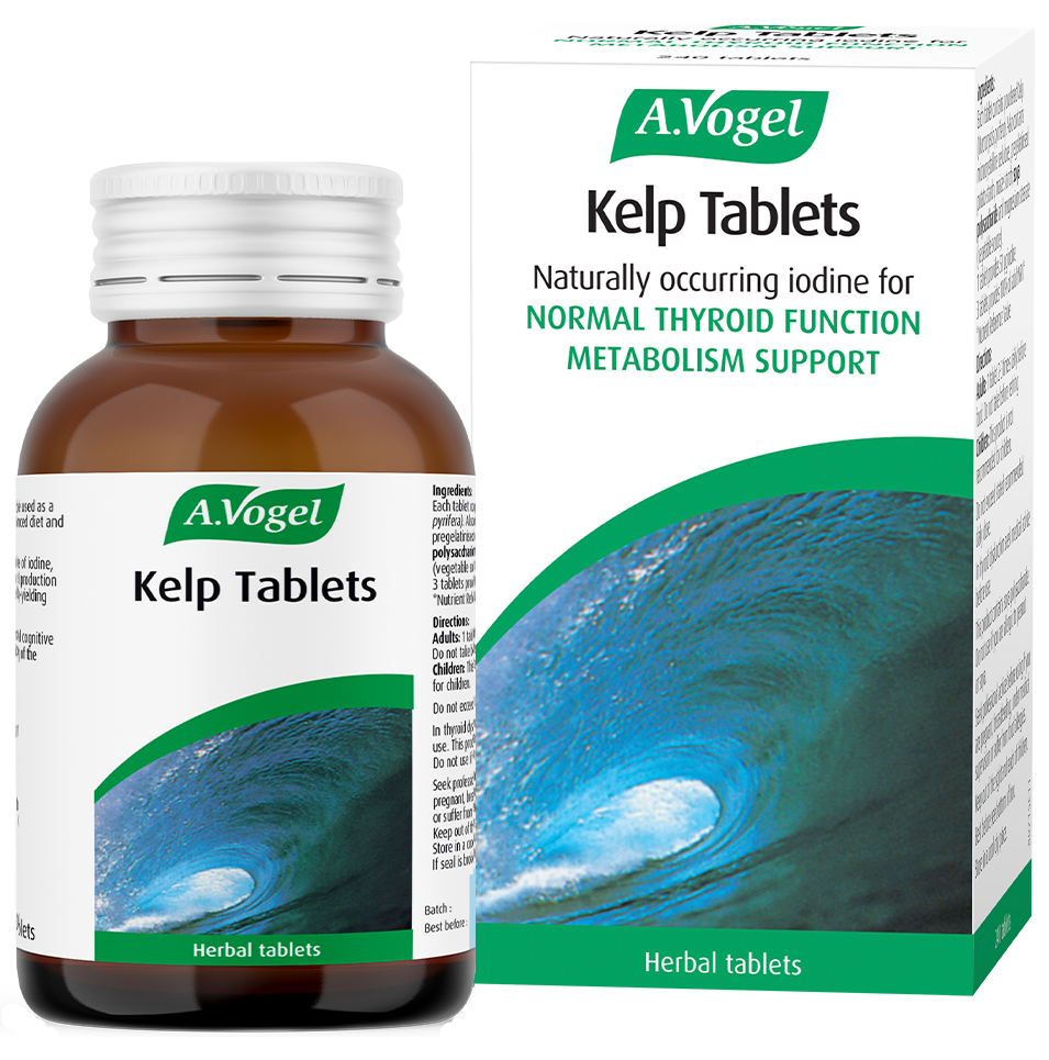 A bottle and box of A.Vogel Kelp Tablets containing naturally occurring iodine for normal thyroid function and metabolism support.