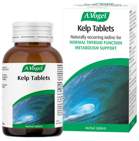 A bottle and box of A.Vogel Kelp Tablets containing naturally occurring iodine for normal thyroid function and metabolism support.