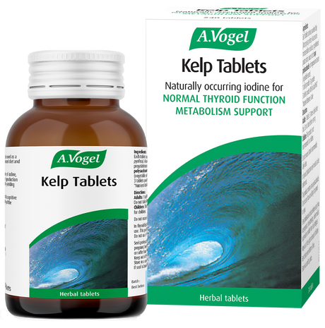 A bottle and box of A.Vogel Kelp Tablets containing naturally occurring iodine for normal thyroid function and metabolism support.