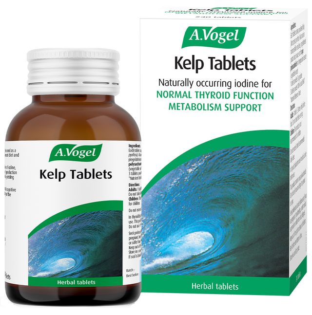 A bottle and box of A.Vogel Kelp Tablets containing naturally occurring iodine for normal thyroid function and metabolism support.
